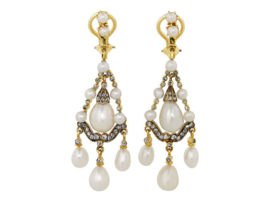 Antique Victorian Natural Pearl, Cultured Pearl and Diamond Earrings in Silver and Gold