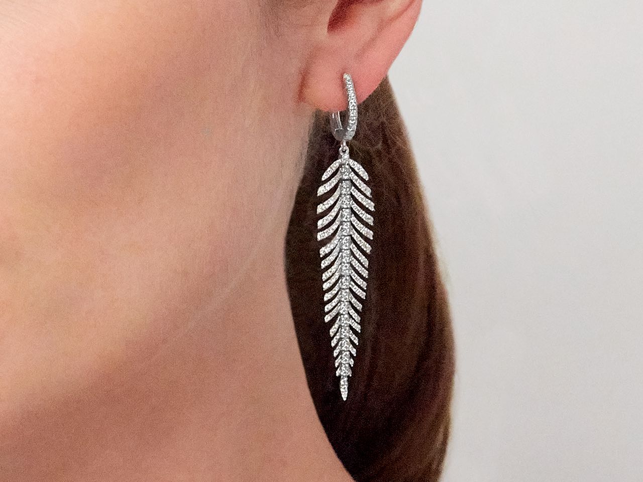 Diamond Feather Earrings in 18K White Gold, Large