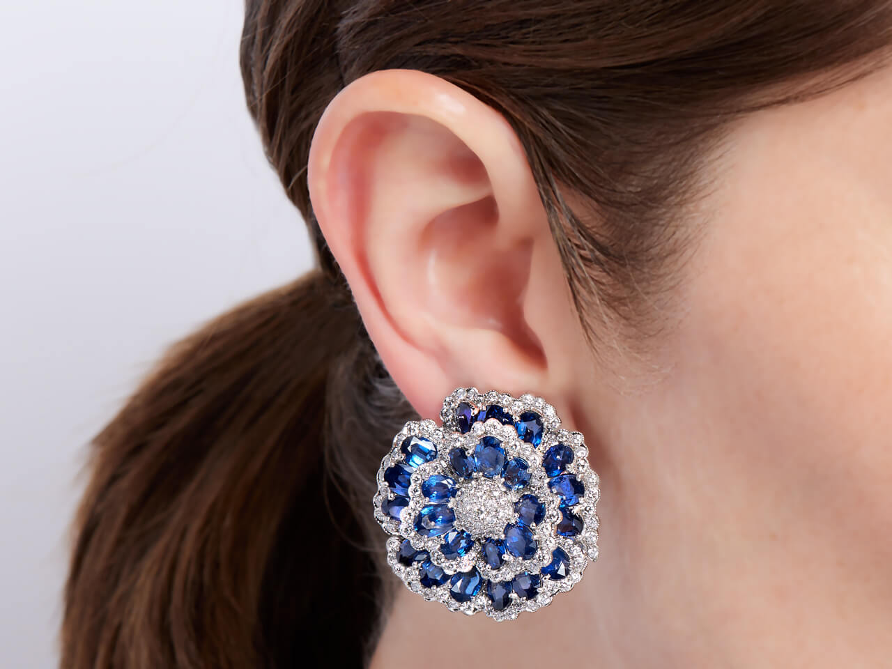 Sapphire and Diamond Flower Earrings in Platinum