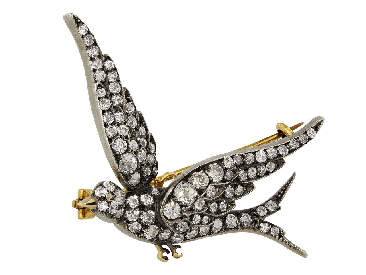 Antique Victorian Diamond Bird Brooch in Silver and Gold