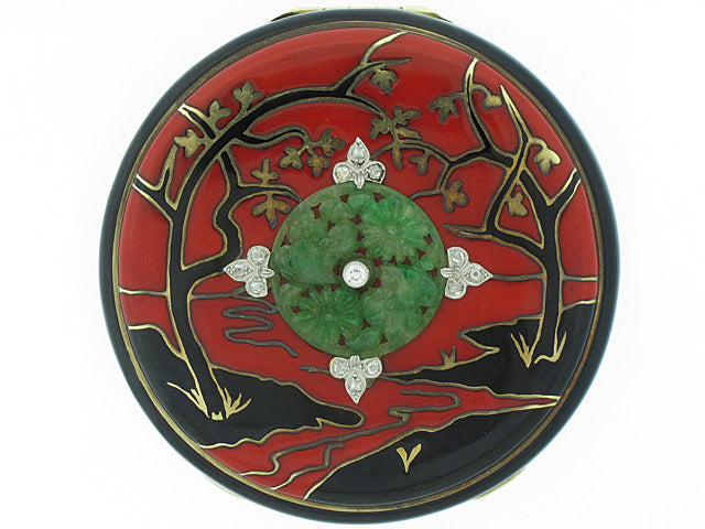 Art Deco Chinoiserie Compact with Jade and Diamonds in 14K