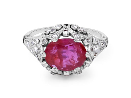 Antique Edwardian Ruby, 2.40 Carats Burma No Heat, and Diamond Ring in Platinum