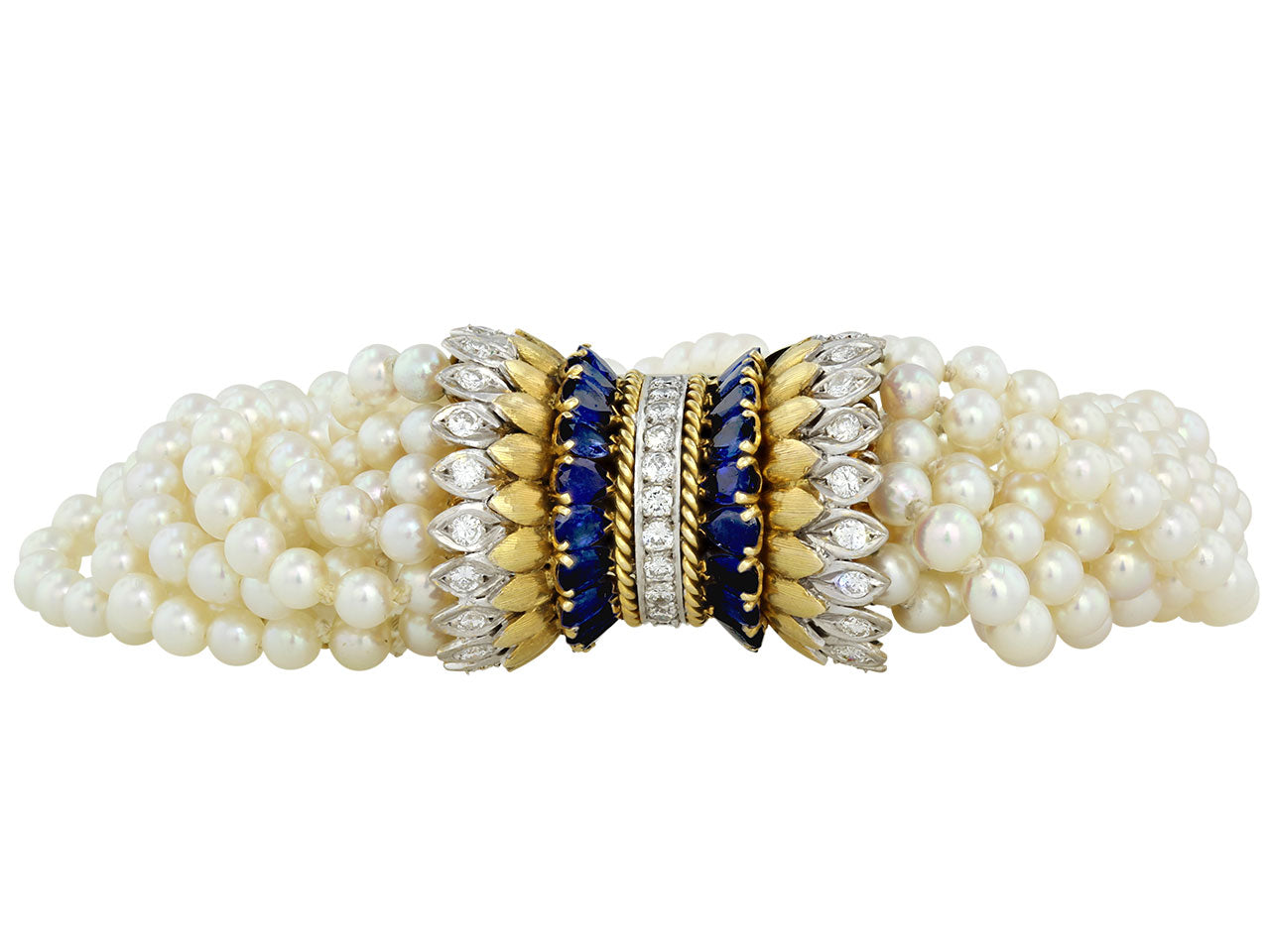 Pearl, Diamond, and Sapphire Torsade Bracelet in 14K and Platinum