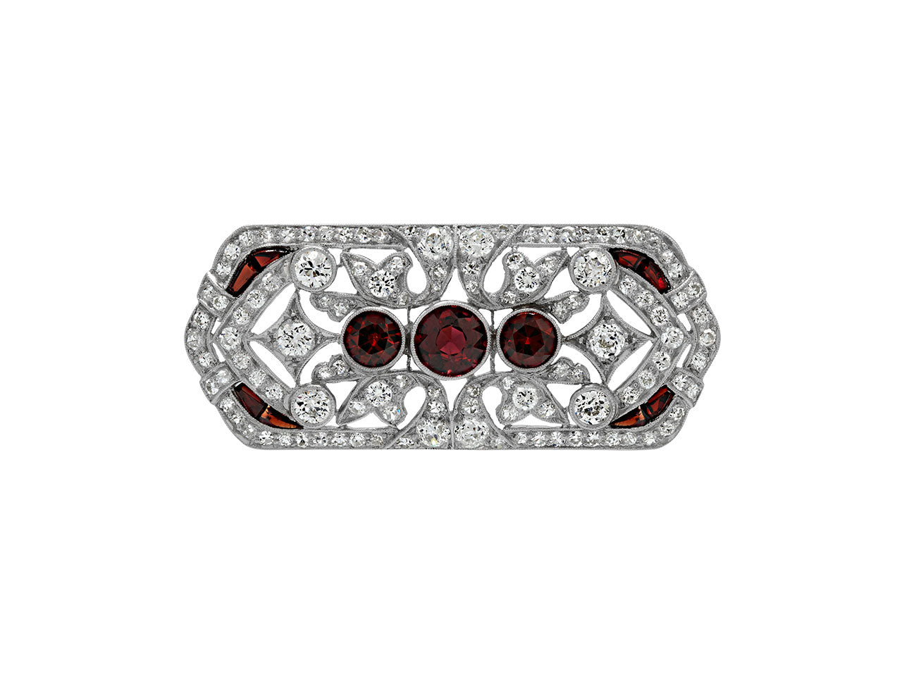 Art Deco Garnet and Diamond Brooch in Platinum
