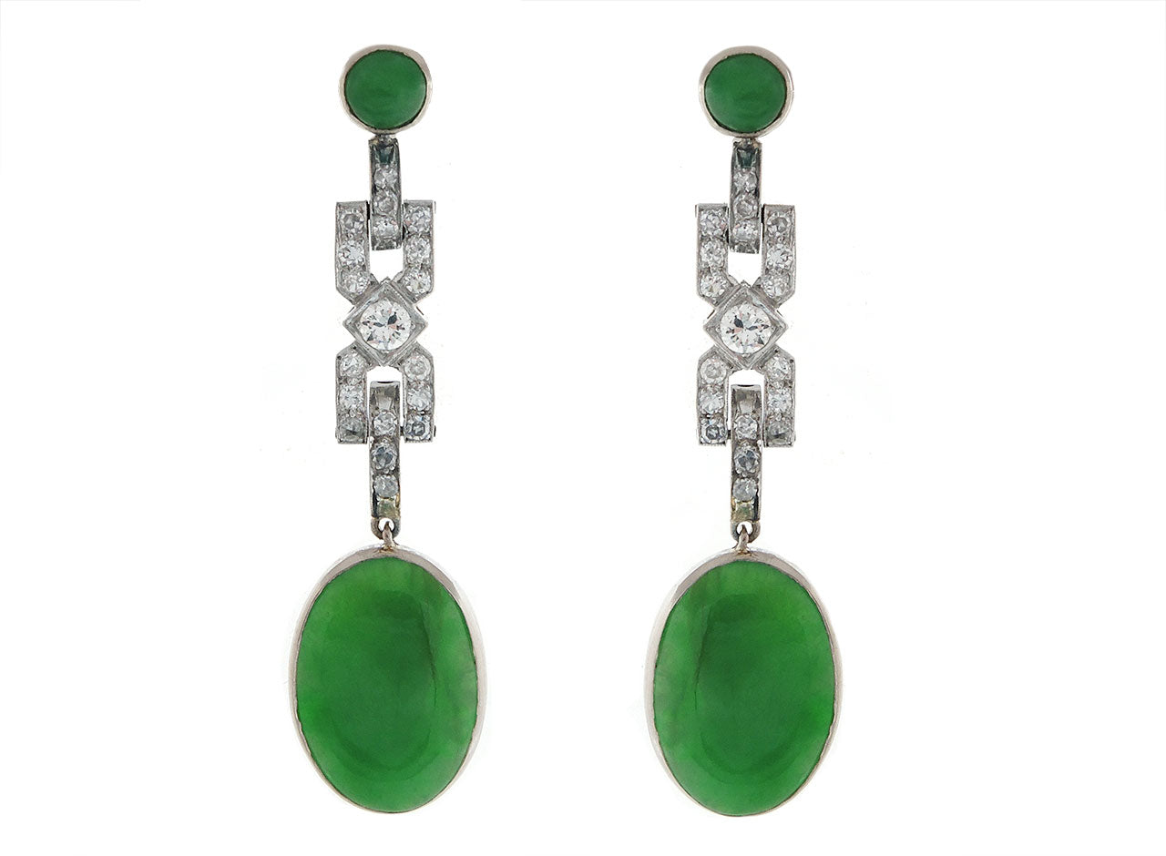 Art Deco Diamond and Jade Earrings in Platinum