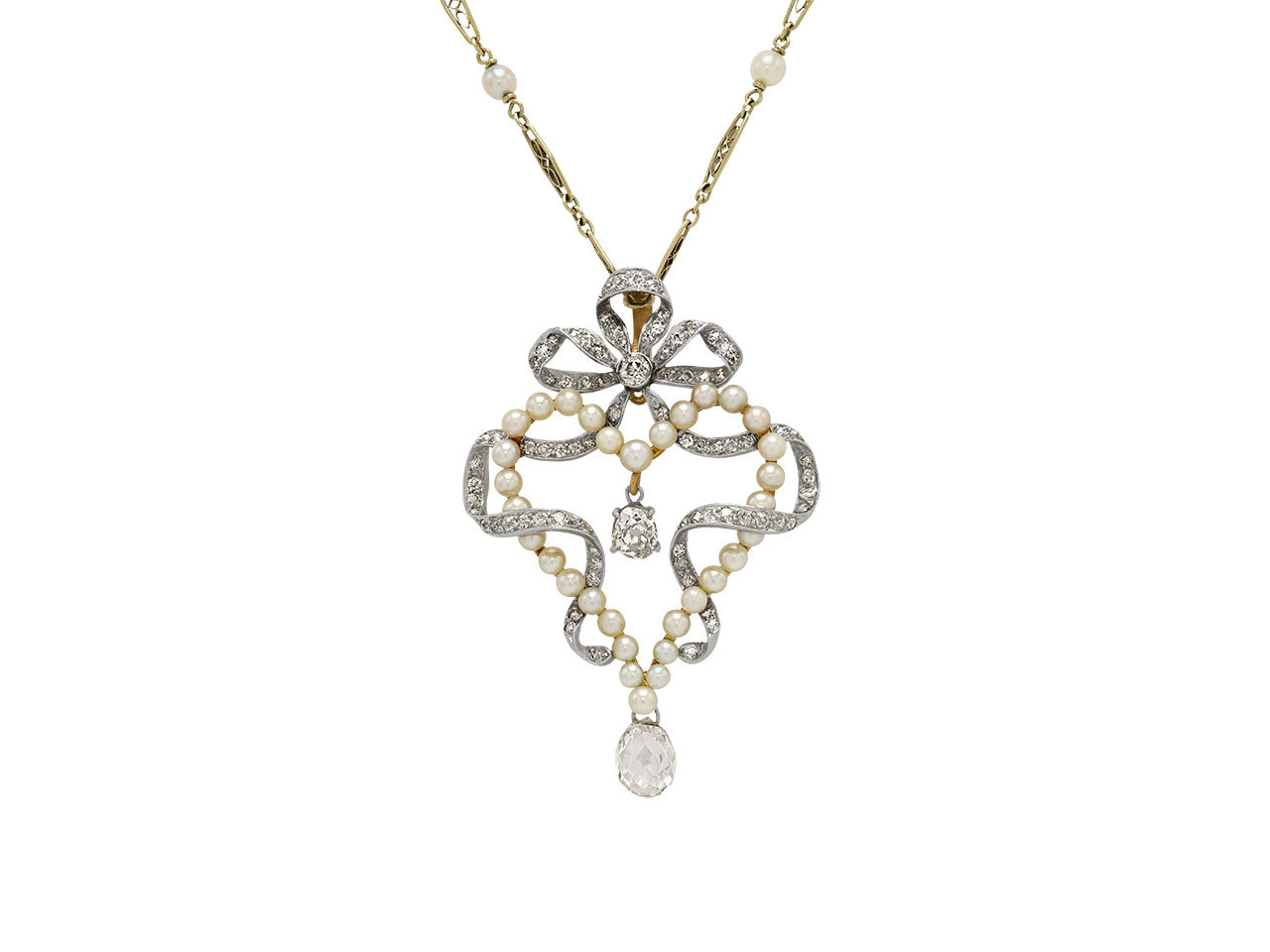 Antique Belle Époque Diamond and Pearl Pendant in Platinum over Gold