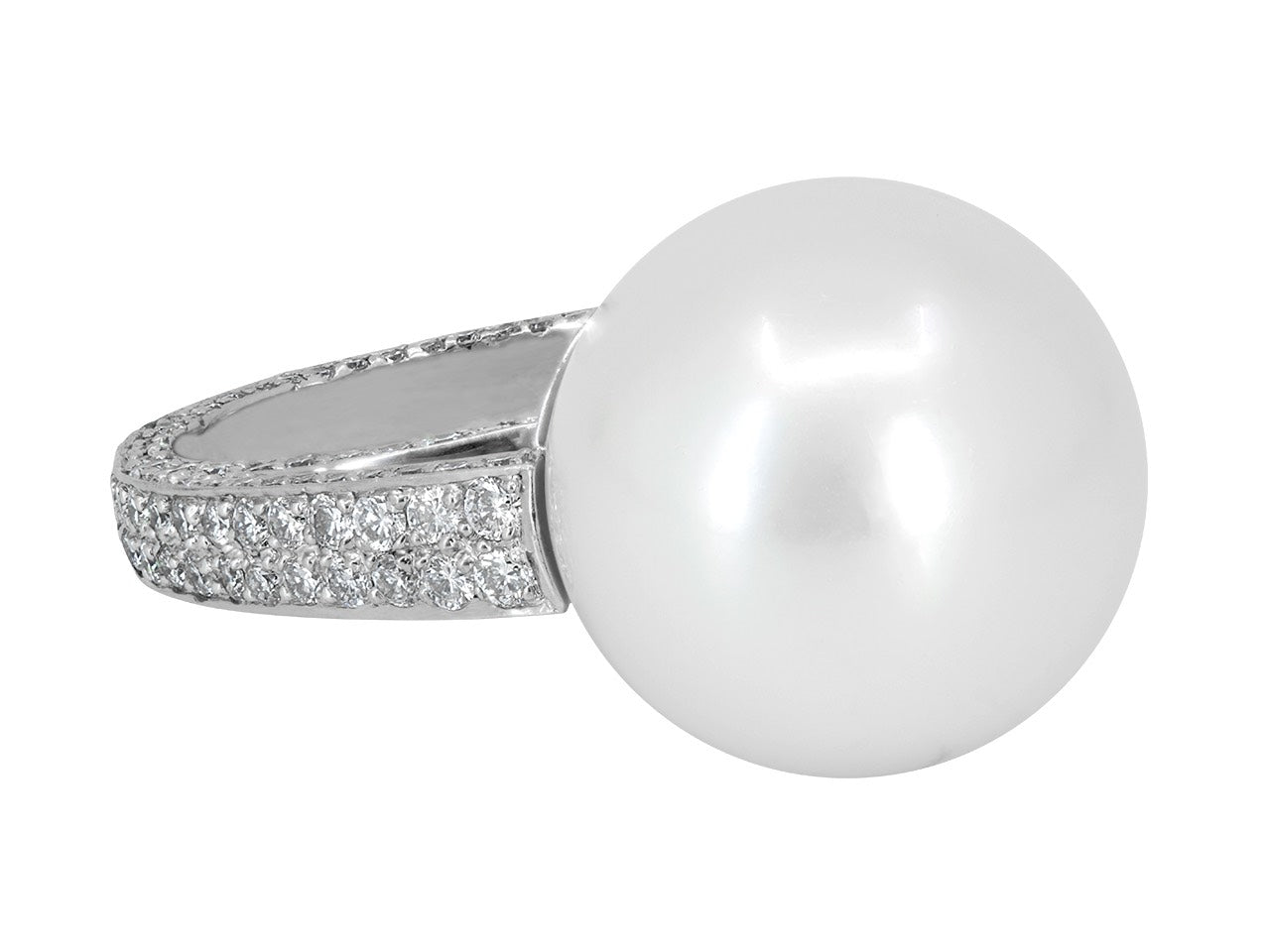 Set of South Sea Pearl and Diamond Ring and Earrings in 18K White Gold and Platinum