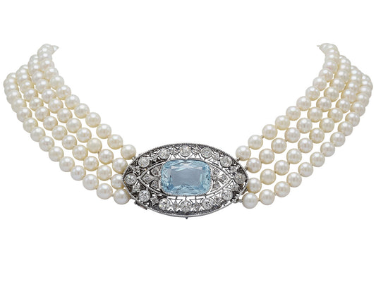 Antique Edwardian Aquamarine and Pearl Necklace in Platinum