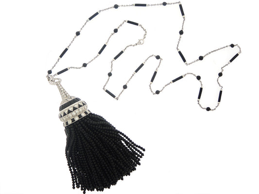 Black Onyx and White Enamel Diamond Tassel Necklace in 18K