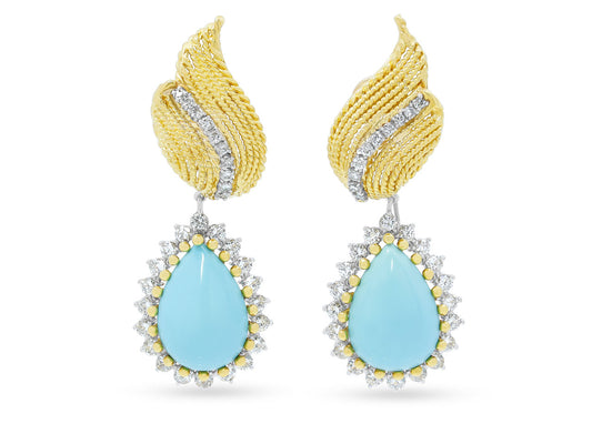 Mid-Century Turquoise and Diamond Drop Earrings in 18K Gold