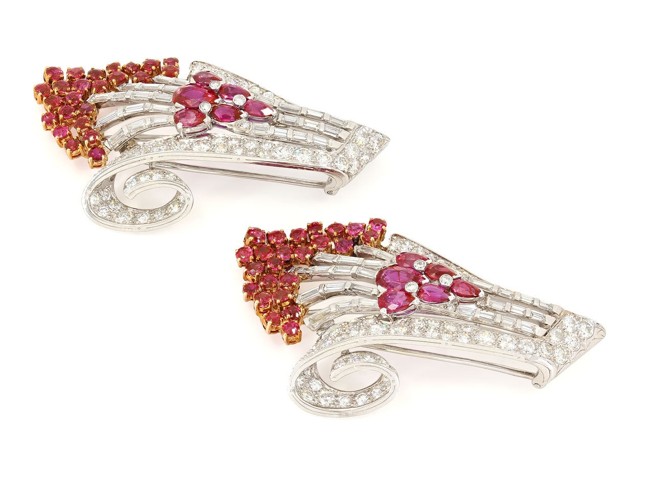 Pair of Ruby and Diamond Spray Brooches in 18K White Gold