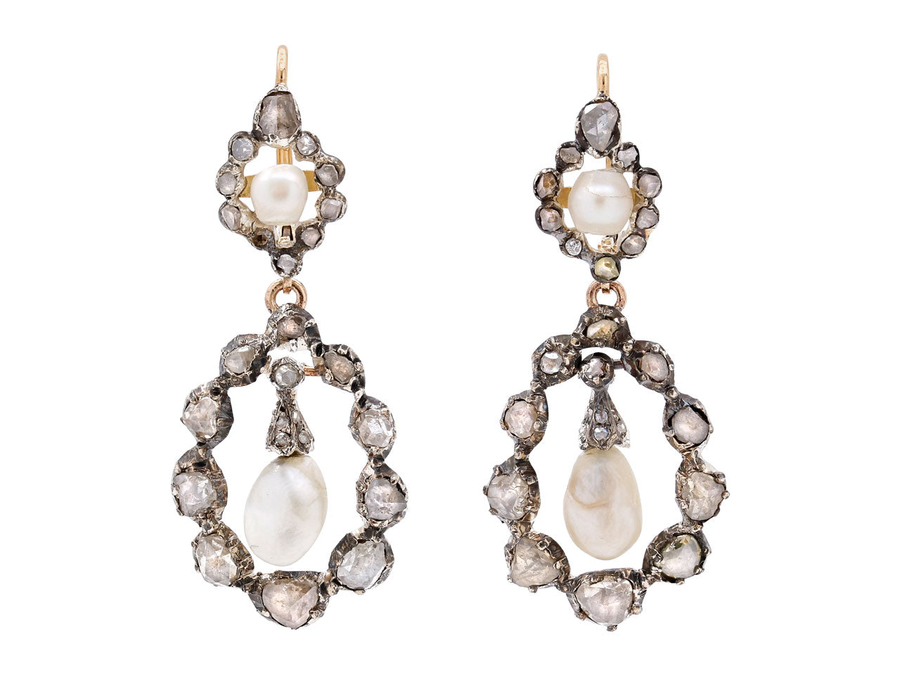 Antique Georgian Diamond and Pearl Earrings in Silver Over 9K Gold