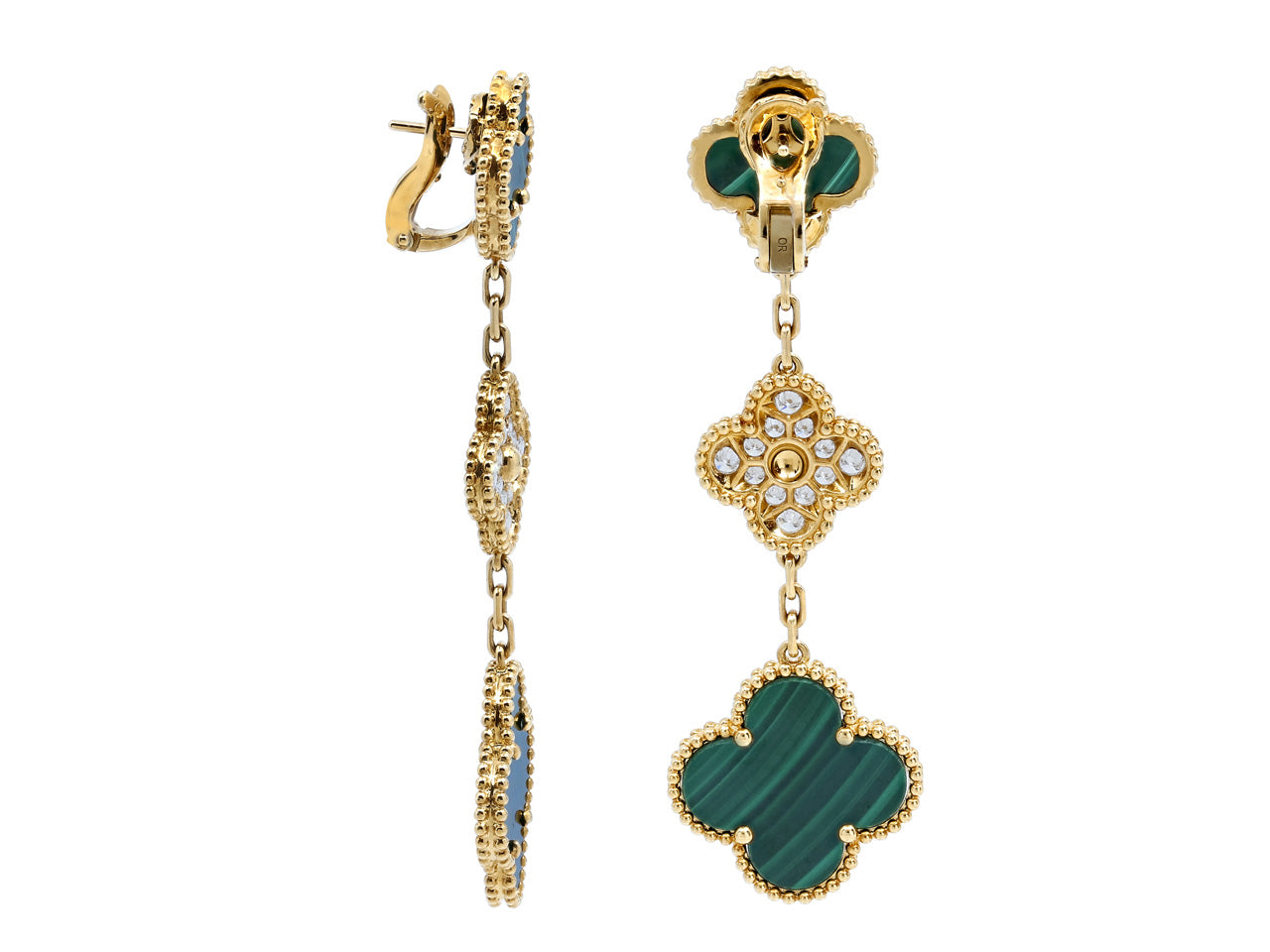 Van Cleef & Arpels 'Magic Alhambra' Malachite and Diamond Earrings in 18K Gold