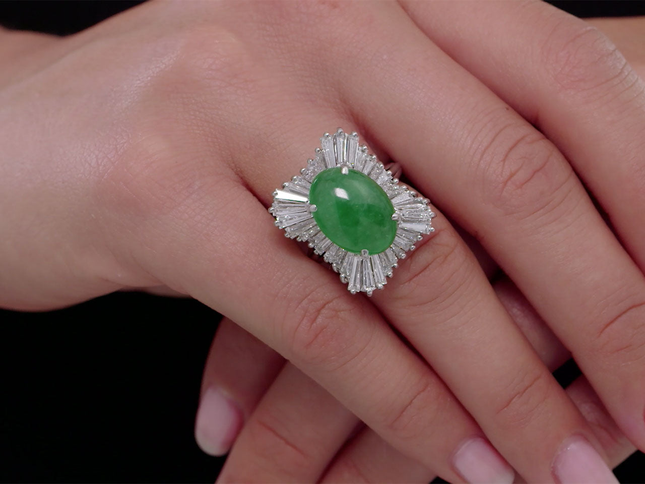Mid-Century Green Jade and Diamond Ring in Platinum