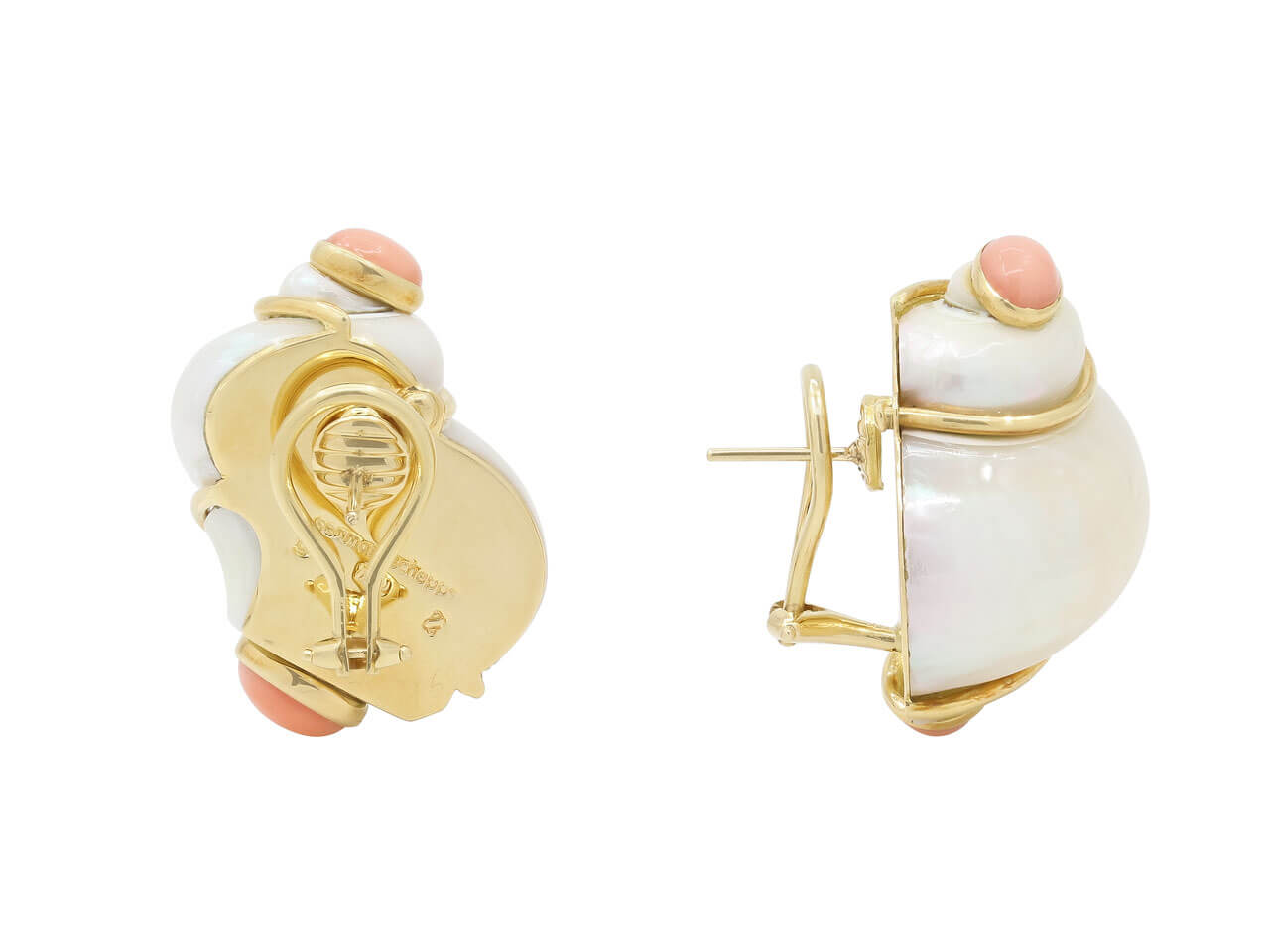 Seaman Schepps 'Turbo Shell' Coral and Pearl Earrings in 18K Gold