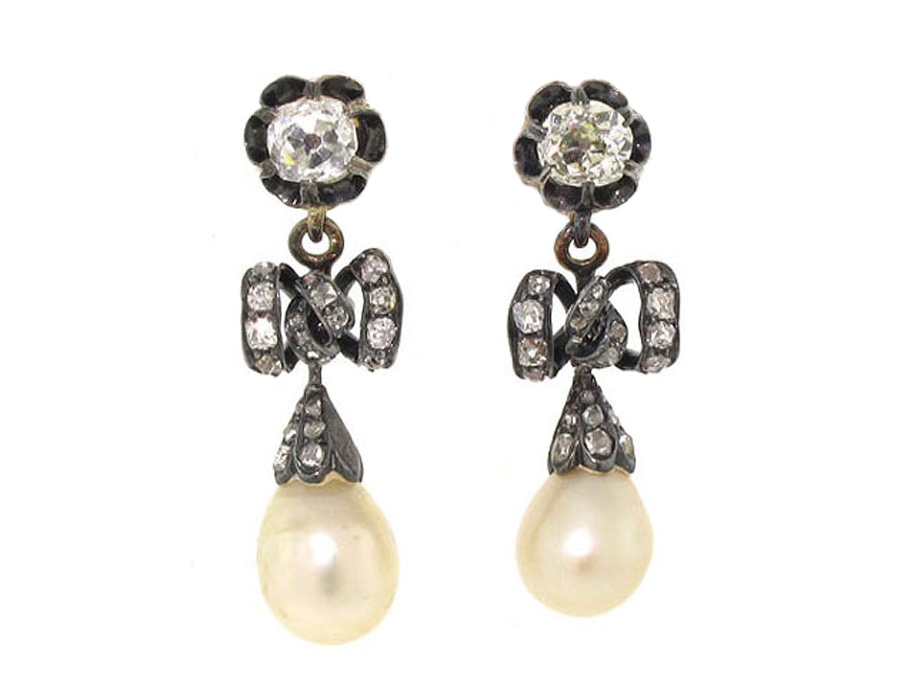 Antique Victorian Diamond and Natural Pearl Earrings in Silver and Gold