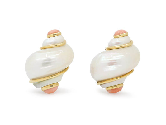 Seaman Schepps 'Turbo Shell' Coral and Pearl Earrings in 18K Gold
