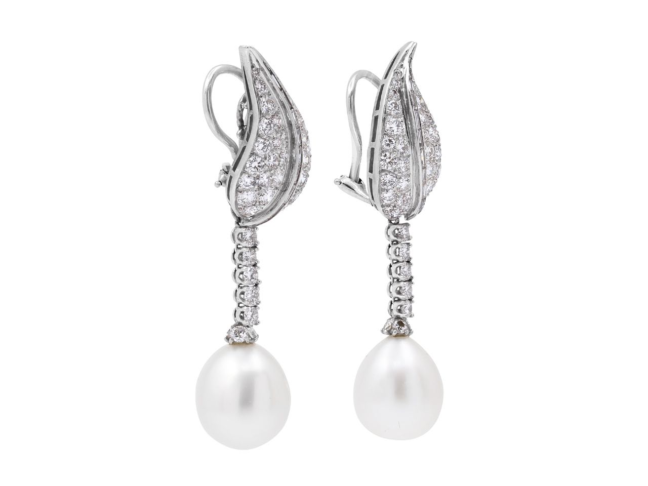South Sea Pearl and Diamond Drop Earrings in Platinum