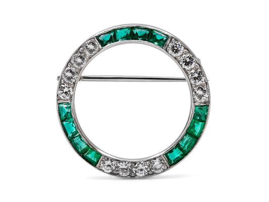 Tiffany & Co. Mid-Century Emerald and Diamond Circle Brooch in Platinum
