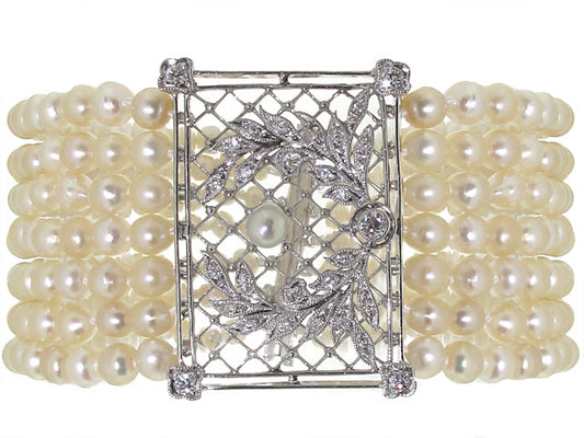 Antique Edwardian Natural and Cultured Pearl and Diamond Bracelet in Platinum and Gold