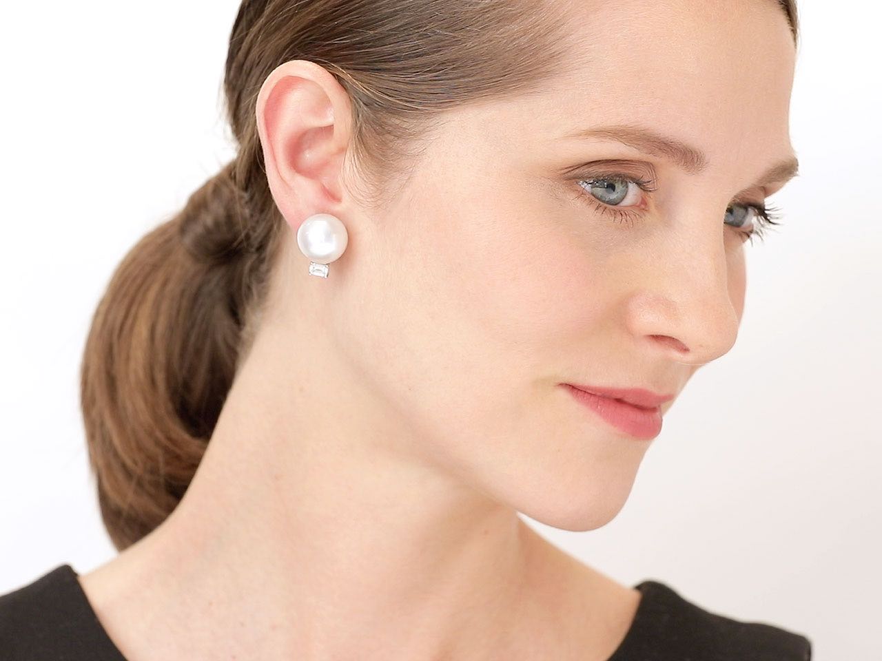 South Sea Pearl and Emerald-cut Diamond Earrings in Platinum