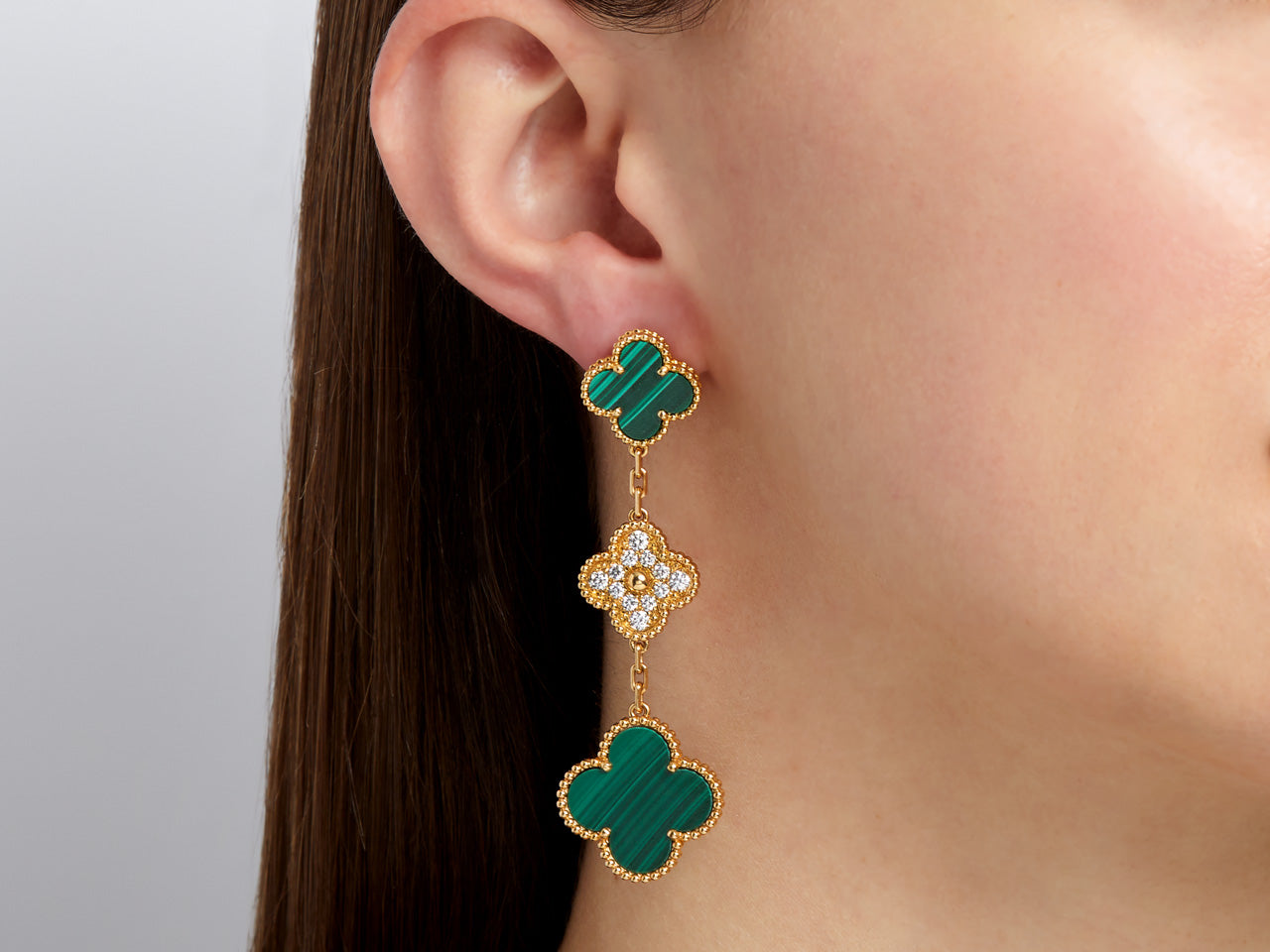 Van Cleef & Arpels 'Magic Alhambra' Malachite and Diamond Earrings in 18K Gold