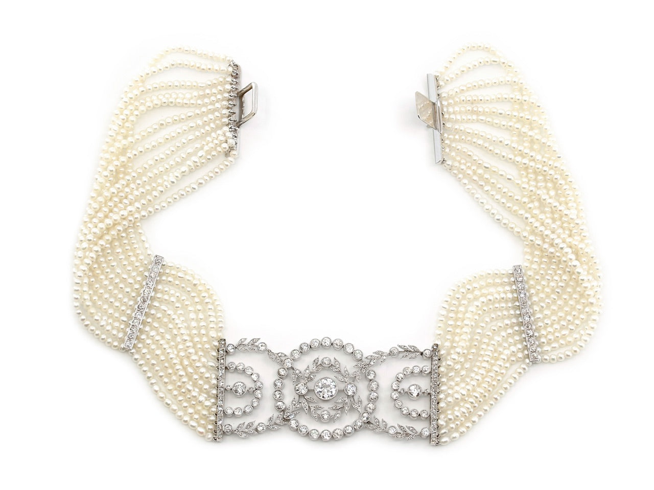 Edwardian Style Cultured Pearl, Natural Seed Pearl, and Diamond Choker in 18K White Gold