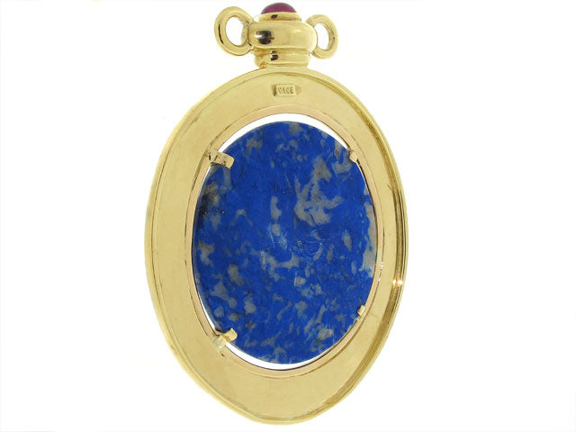 Elizabeth Gage Carved Lapis Lazuli and Ruby Pendant in 18K