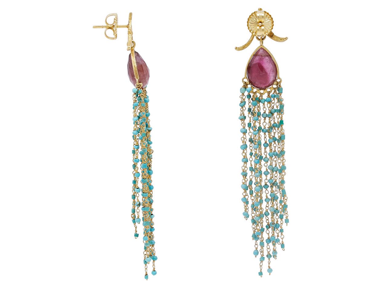 K. Brunini Tourmaline and Turquoise Cascade Earrings in 18K Gold