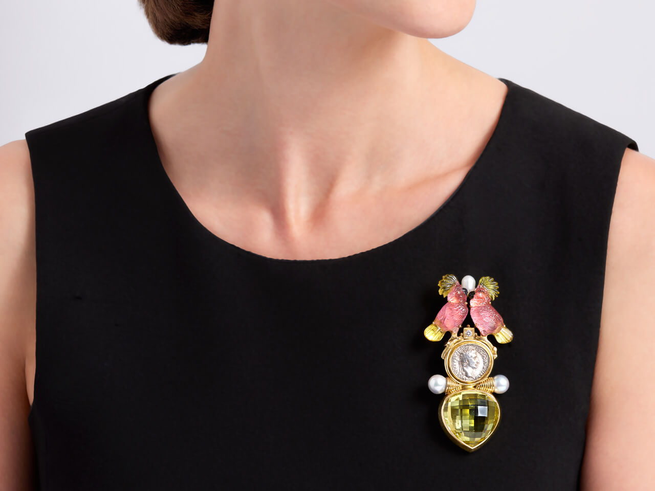 Elizabeth Gage Cockatoo and Ancient Coin Brooch in 18K