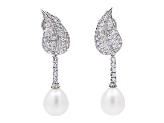 South Sea Pearl and Diamond Drop Earrings in Platinum