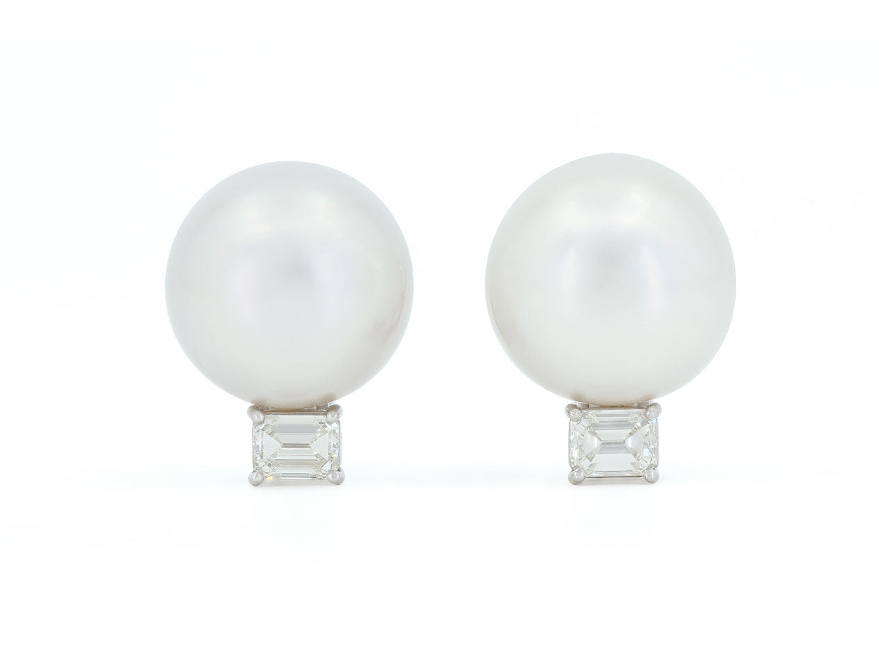South Sea Pearl and Emerald-cut Diamond Earrings in Platinum