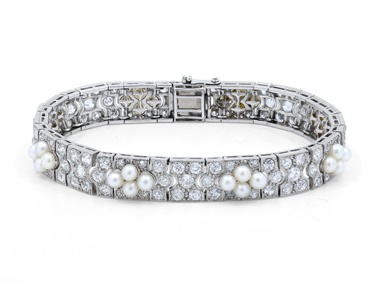 Antique Edwardian Diamond and Natural Pearl Bracelet in Platinum