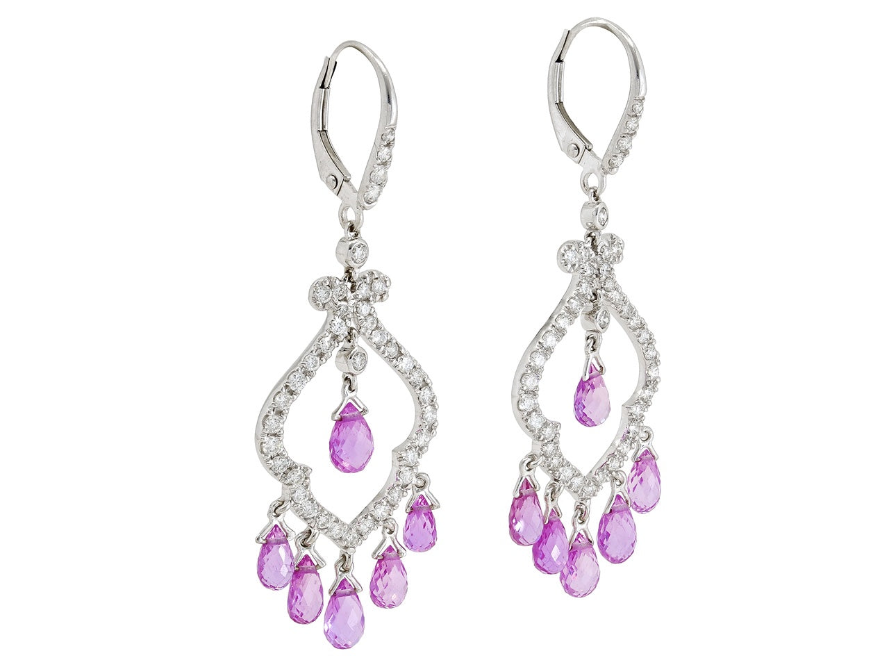 Diamond and Pink Sapphire Chandelier Earrings in 18K White Gold