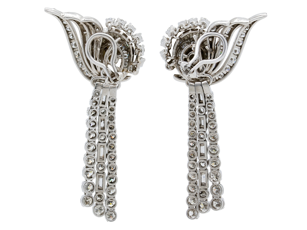 Mid-Century Nautilus-style Diamond Earrings with Detachable Diamond Lines in Platinum