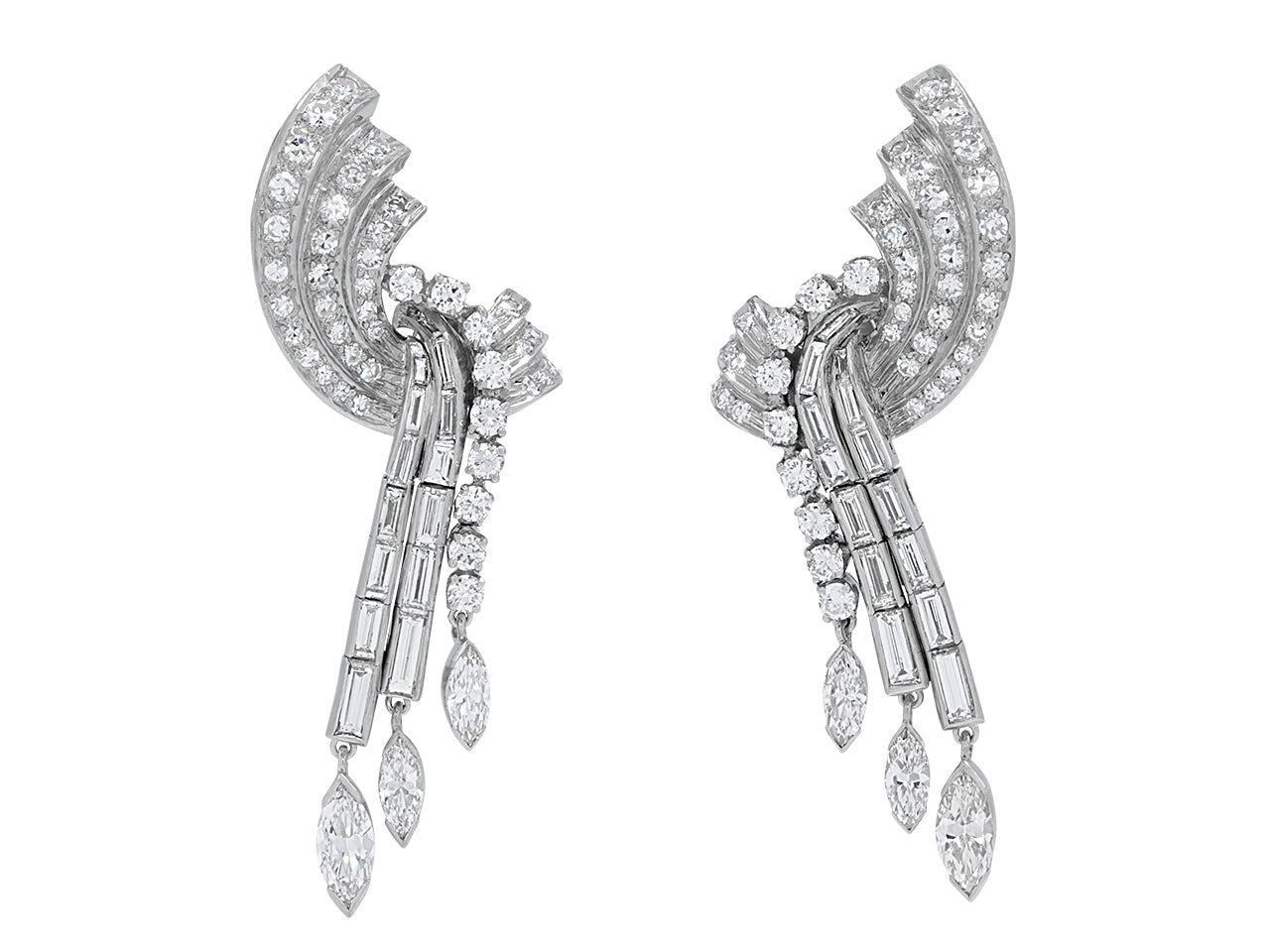Mid-Century Diamond Dangle Earrings in Platinum