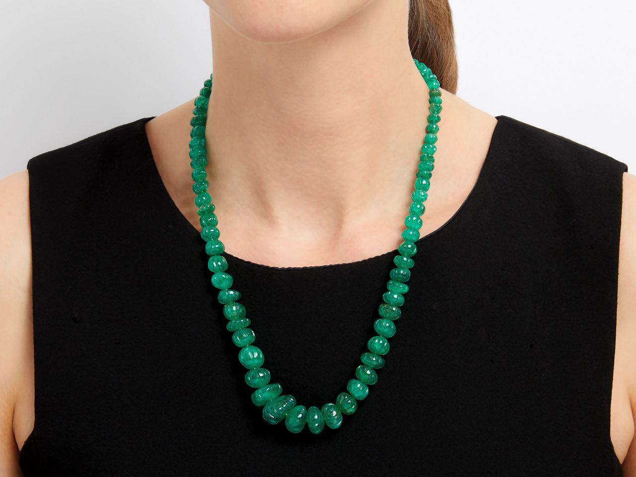 Emerald Bead Necklace with Diamond Flower Clasp in Platinum