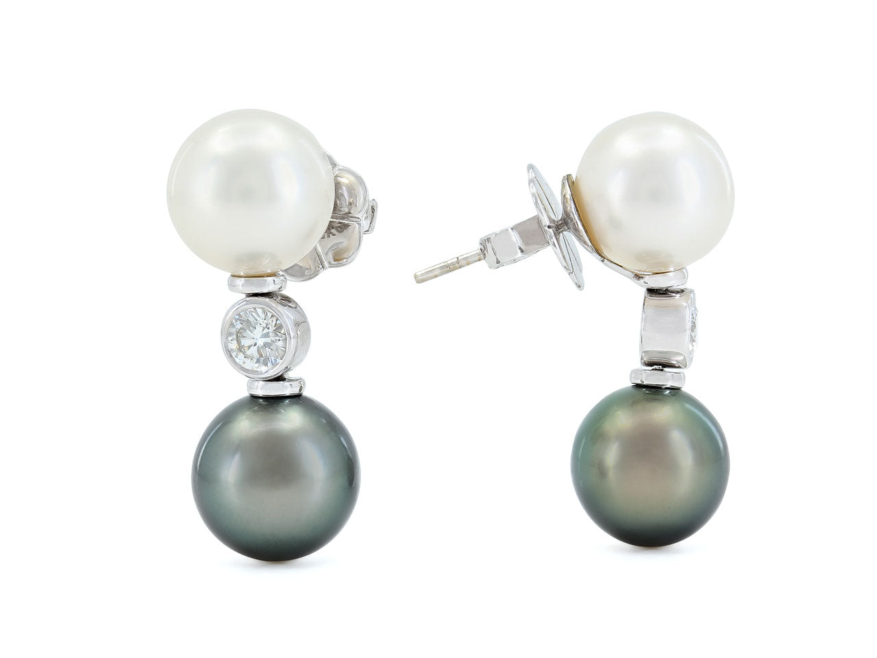 South Sea and Tahitian Pearl and Diamond Earrings in 18K White Gold