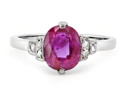 Art Deco Burma Unheated Ruby, 1.63 carat, and Diamond Ring in Platinum