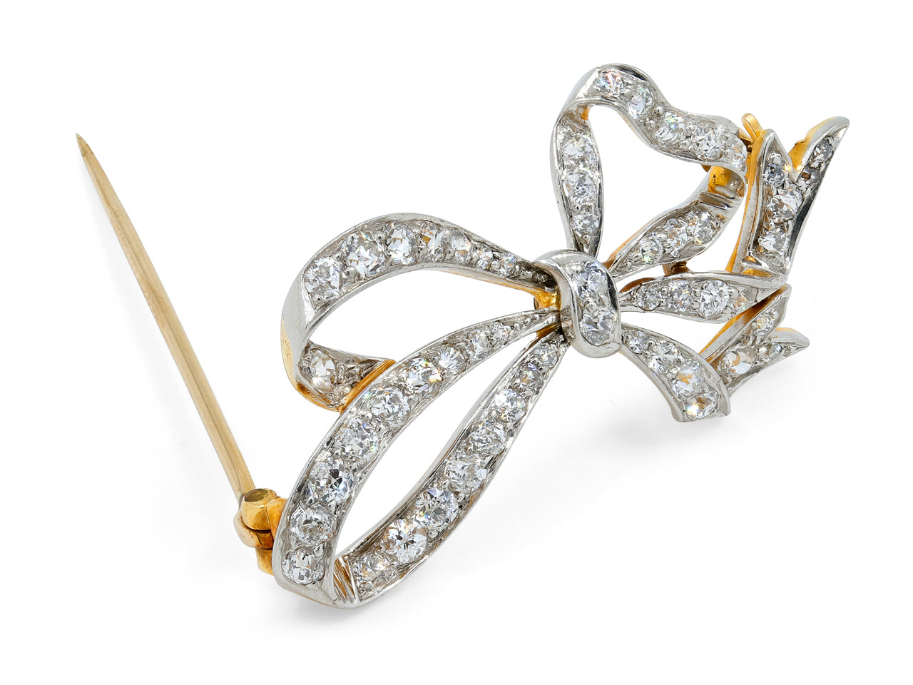 Antique Edwardian Diamond Bow Brooch in Platinum and 18K Gold