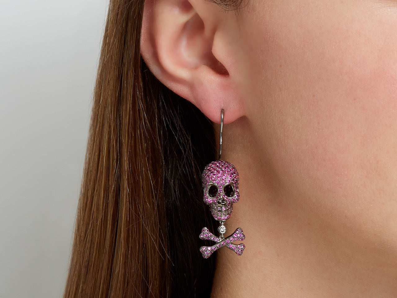 Lydia Courteille Ruby and Diamond Skull and Crossbones Earrings  in 18K