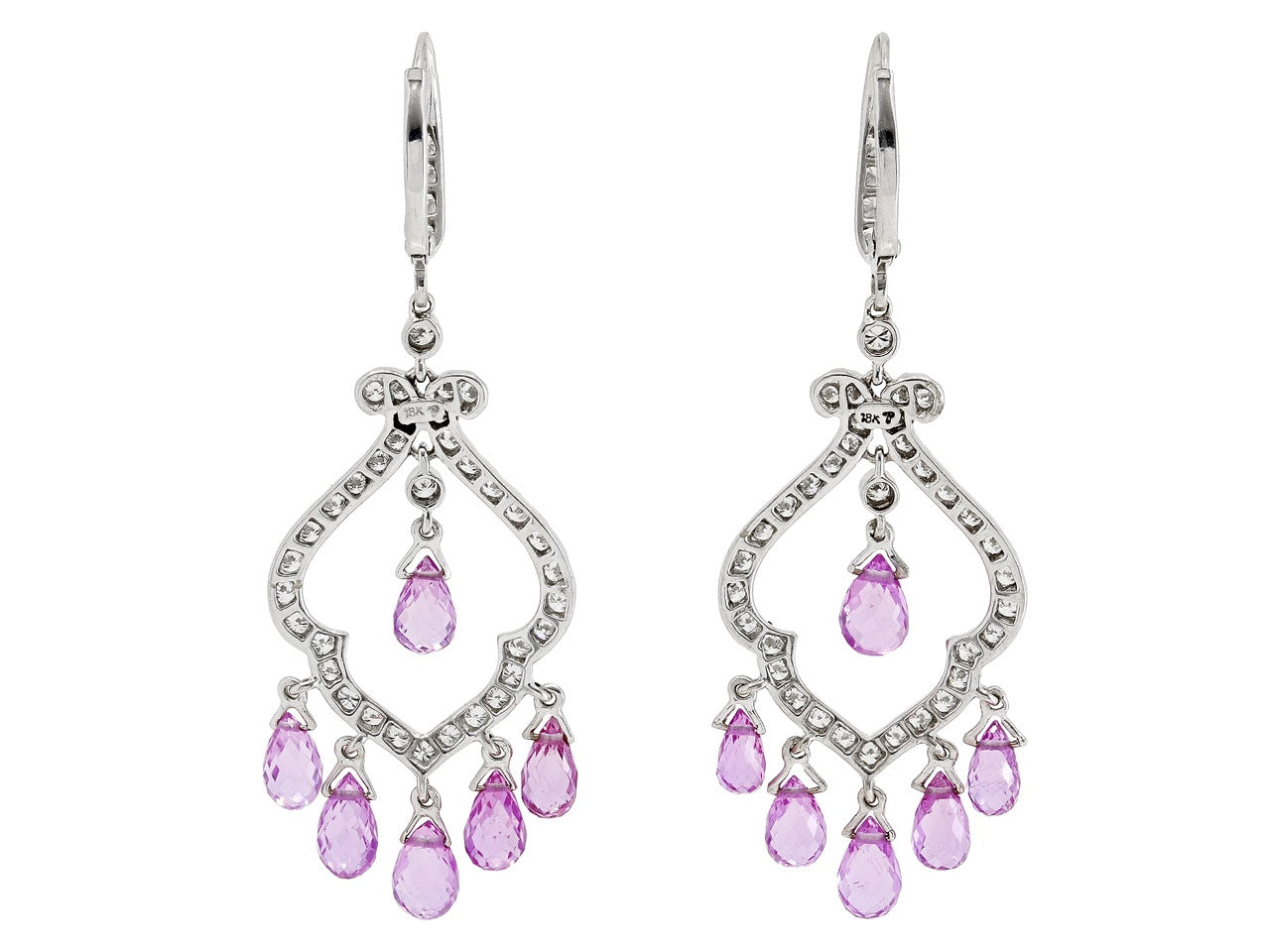 Diamond and Pink Sapphire Chandelier Earrings in 18K White Gold