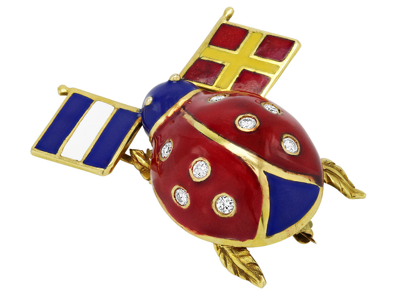 Diamond and Enameled Ladybug Brooch with Flags in 18K Gold