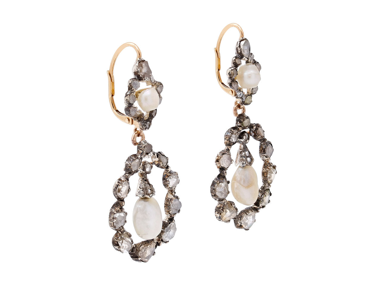 Antique Georgian Diamond and Pearl Earrings in Silver Over 9K Gold