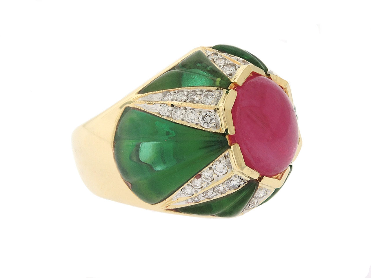 Cabochon Ruby, Diamond and Green Glass Ring in 18K Gold
