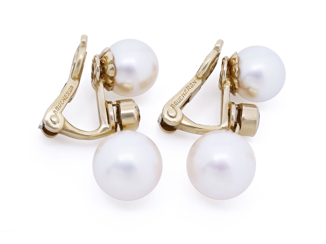 Boucheron Pearl and Diamond Earrings in 18K Yellow Gold