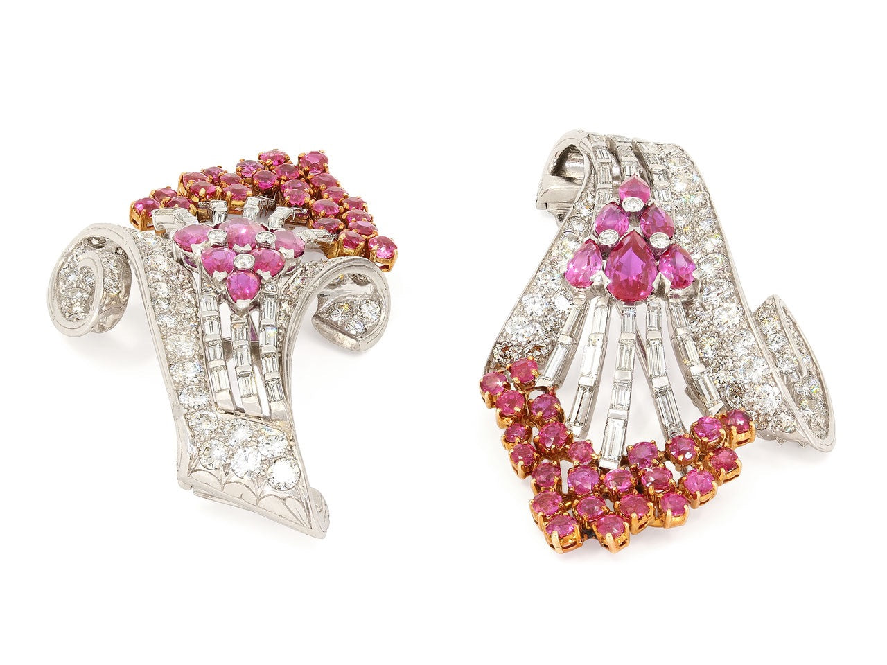 Pair of Ruby and Diamond Spray Brooches in 18K White Gold