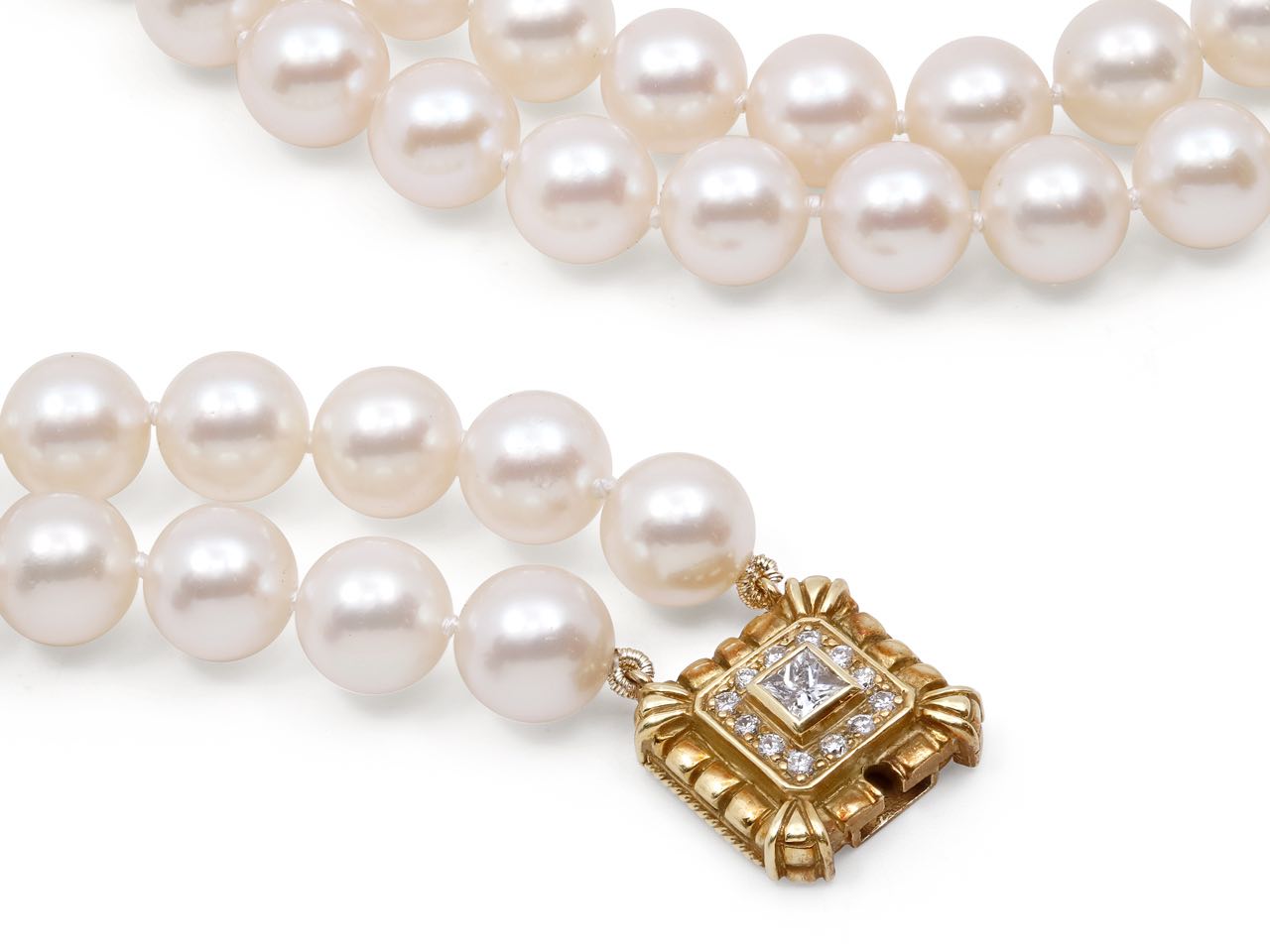 Double Strand Pearl Necklace with Diamond Clasp in 18K Gold