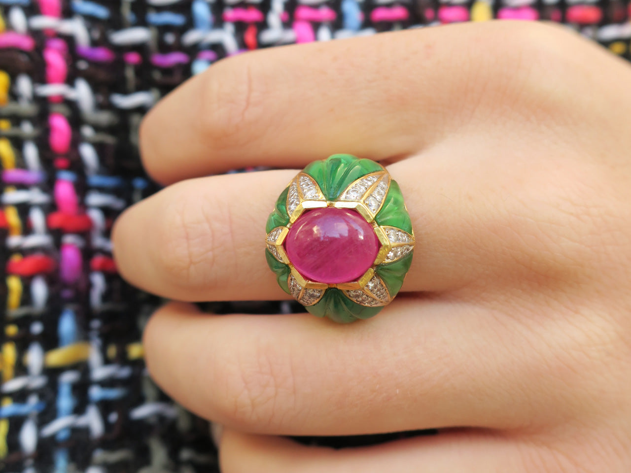 Cabochon Ruby, Diamond and Green Glass Ring in 18K Gold