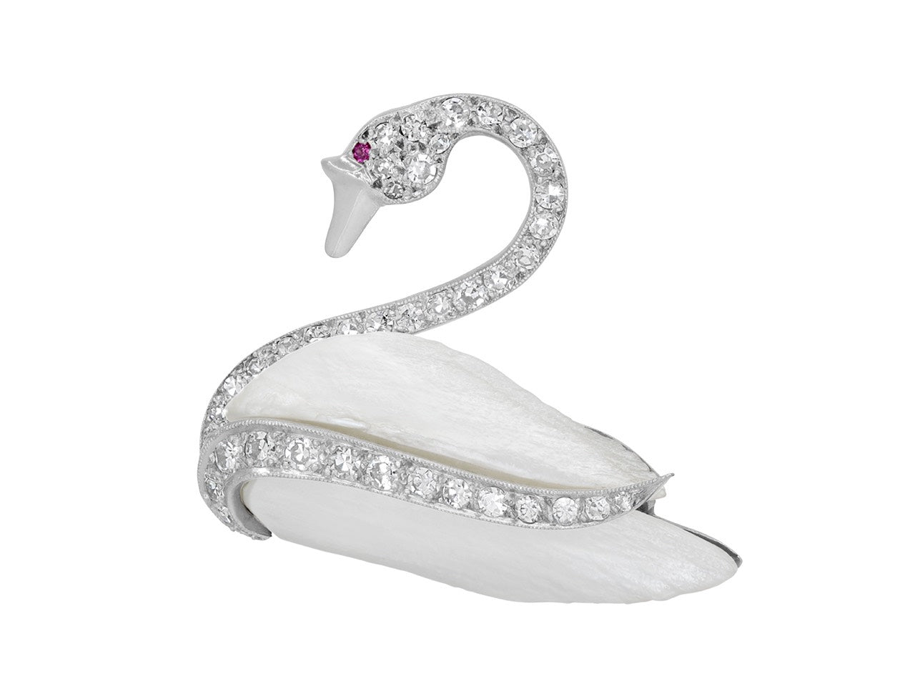 Freshwater Pearl and Diamond Swan Brooch in 14K White Gold